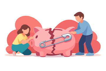 Couple attempts to repair broken piggy bank with safety pin.