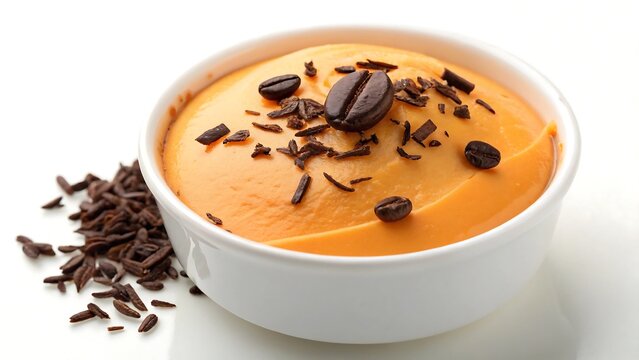 A delicious bowl of creamy pumpkin dessert with coffee and chocolate toppings
