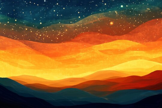Starlit sky above orange hills and valleys during nighttime with bright stars and soft colors in the landscape view