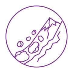 Obraz premium Minimalist purple outline illustration of jagged mountain peaks rising dramatically against a clean white circular background with subtle scattered dots evoking a dreamy abstract atmosphere perfect