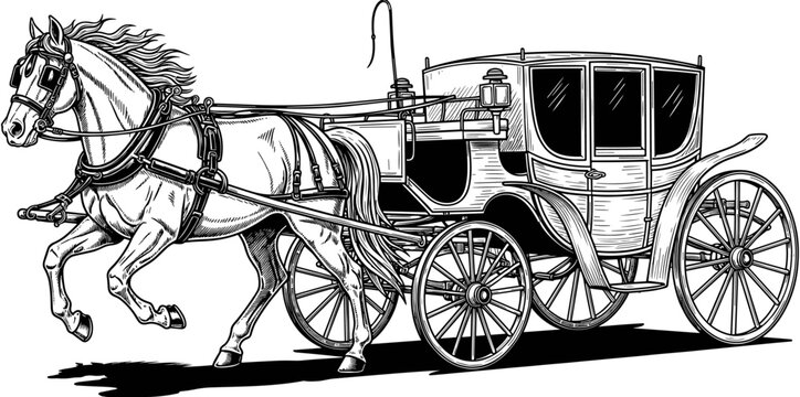 Vintage horse drawn carriage engraving featuring a majestic white horse pulling a royal stagecoach for historical and fairytale wedding design