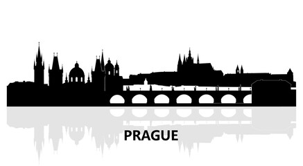 Fototapeta premium Prague city skyline silhouette featuring Charles Bridge and Prague Castle over Vltava river reflection isolated on white background for travel design