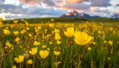 Fototapeta premium Blooming meadow with distant mountain peak and pastel sky at sunset, a scenic vista of natural beauty