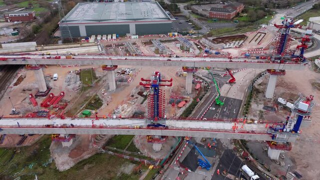 Aerial overview of the HS2 rail corridor near Birmingham, documenting the progress and monumental scale of the UK&rsquo;s most significant rail project.