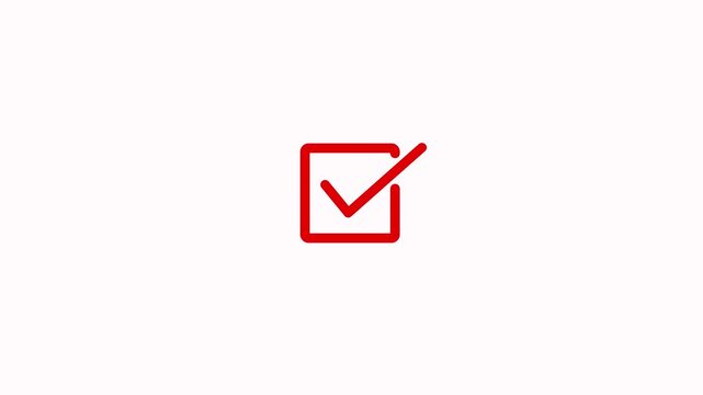 Red checked box icon animation on white background showing a successful business choice or a completed task. Check mark icon, positive symbol, tick mark icon animation