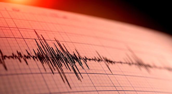 Seismic activity recorded on seismograph paper with intense black waveform