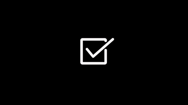 Checked box icon animation on black background showing a successful business choice or a completed task. Check mark icon, positive symbol, tick mark icon animation