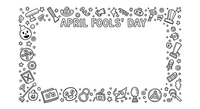 Playful April Fools' Day doodle frame with fun prank icons and symbols