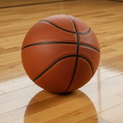 Obraz premium Vibrant orange basketball ball resting on a shiny hardwood court with reflection for sports competition concept and athletic training