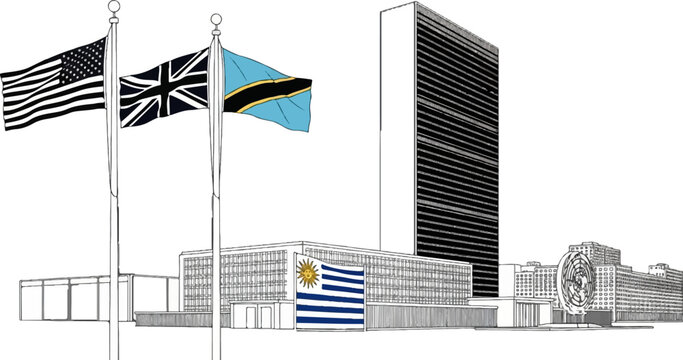 United Nations buildings with flags of nations flying high