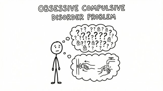 Stick figure contemplating obsessive compulsive disorder thoughts and actions in a state of confusion and mental turmoil illustration