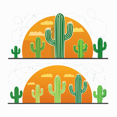 Vector illustration of cactus plant and flower in desert ecology landscape at sunset