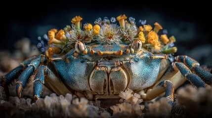 Exquisite Blue Crab adorned with colorful marine sponges and flora in a captivating underwater close-up