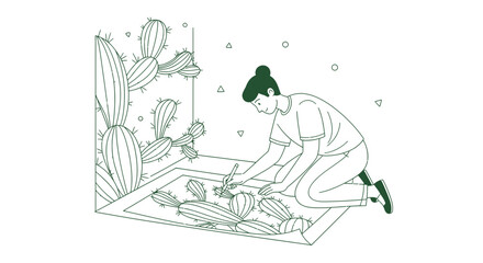 Obraz premium Artist Painting Cactus Illustrations on Paper, Creative Hobby