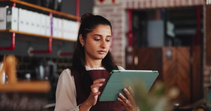 Hospitality, scroll or woman in bistro with tablet, website review or inventory management with sales track. Digital, stock checklist or owner with tech, online order or menu update on restaurant app
