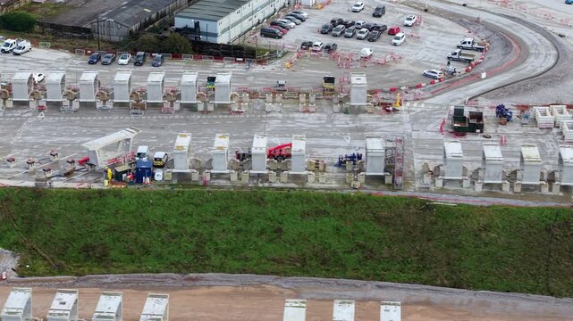 Aerial view of major HS2 rail construction works in Birmingham featuring rows of precast concrete castings for civil engineering in the UK