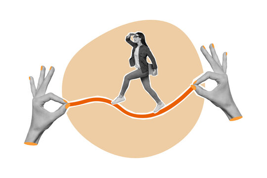 Composite trend artwork 3D sketch image photo collage of silhouette two huge hands show gesture okay hold rope young lady walk seach way