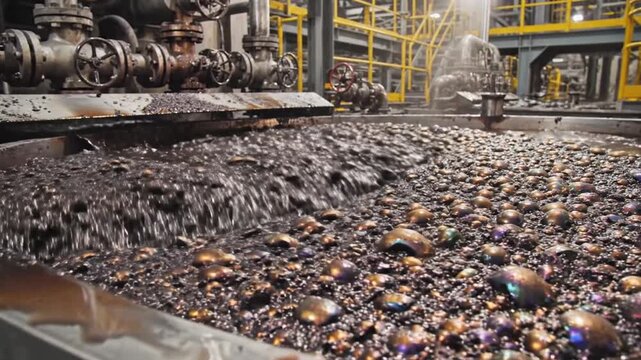 Industrial process showing a large vat of dark, bubbly liquid being agitated in a factory setting.