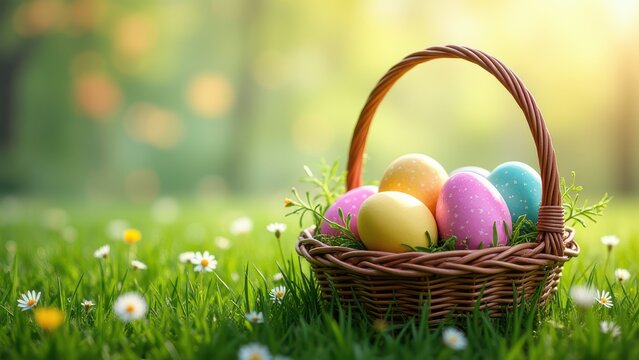 easter basket filled with painted eggs on green grass spring outdoor festive scene concept of greeting cards, retail marketing, seasonal promotion