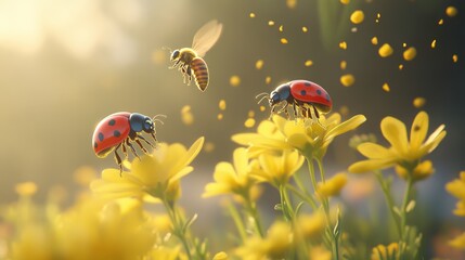 A close-up of two ladybugs on yellow flowers