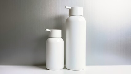 Close up of high and low staggered washing bottles and jars