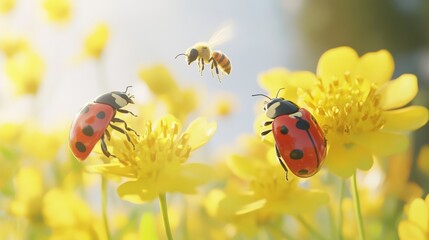 A close-up of two ladybugs on yellow flowers