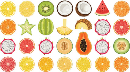 Tropical Fruit Slices Collection with Citrus, Kiwi, Coconut, Watermelon, Papaya and Exotic Fresh Produce Vector Illustration Set © Sanjida