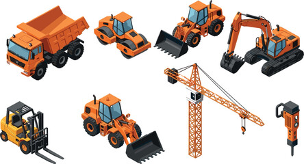 Construction machinery vector set including excavator dump truck crane forklift road roller and loader heavy equipment vehicles for building industry isolated illustration © MdMojibar