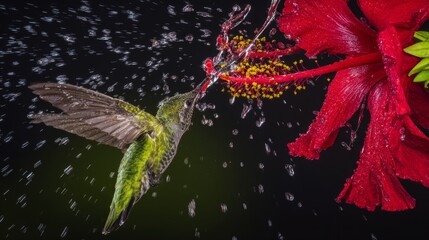 Fototapeta premium A hummingbird is drinking water from a red flower. The flower is surrounded by water droplets, giving the scene a serene and peaceful atmosphere