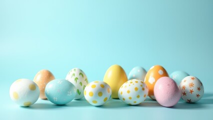 Fototapeta premium colorful decorative easter eggs arranged on soft blue pastel background festive spring composition concept of greeting cards, advertising, retail promotion