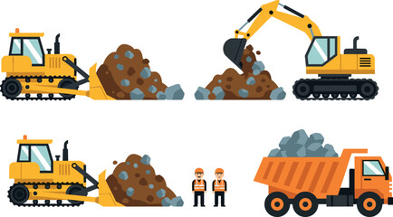 Construction machinery working at building site with excavator bulldozer dump truck and workers moving soil and rocks heavy equipment vector illustration © MdMojibar