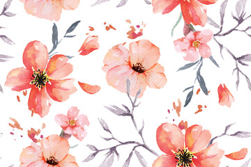 Seamless pattern of poppy drawn with watercolor.For the design of the wallpaper or fabric, vintage style.Orange floral background. © joy8046