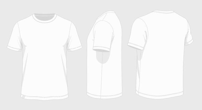 Blank White Men's T-Shirt Mockup, front back and side views, ready for design on an isolated light gray background