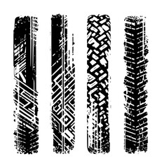 Grunge skid mark vector pack with distressed tire tracks, rugged tread prints, and dirty road imprint textures for vehicle art