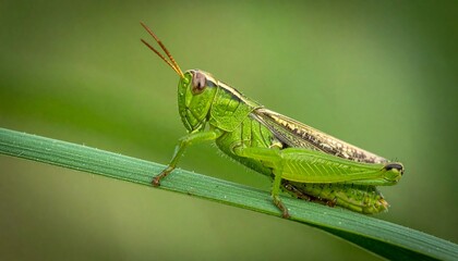 Green Grasshopper Perched on a Blade of Grass in Nature.
