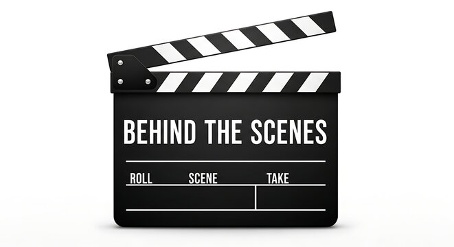 Creative filmmaking and video production process revealed with a classic behind-the-scenes clapboard on white background