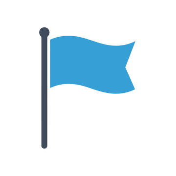 A simple blue flag icon waving on a dark pole against a plain white background.