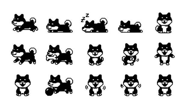 Shiba Inu Pixel Art Character Set Cute 8 Bit Dog Actions Retro Game Style Vector Collection