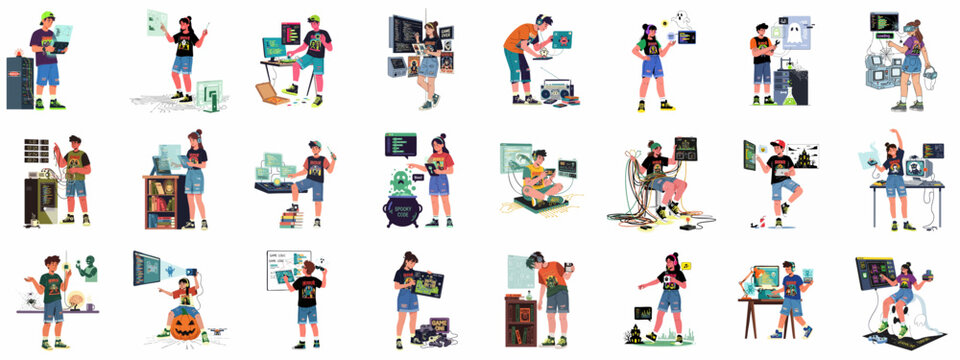 Engaging illustrations of young programmers and game developers merging creative tech with a fun, spooky, retro horror vibe.