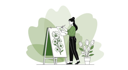 Artist Painting Flowers on Easel, Creative Hobby, Botanical Illustration