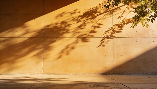 Warm sunlight industry concrete wall shadow leaf pattern, nature mood architecture design texture background, calm light minimal wall shadow leaf sunlight nature industry concrete texture background