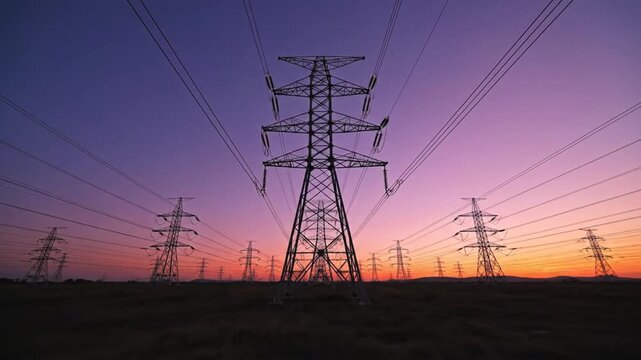 Electricity transmission towers and power lines silhouetted against a vibrant sunset sky