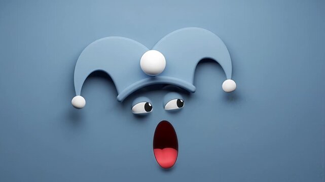 Cute blue jester clown face laughing April Fools animation