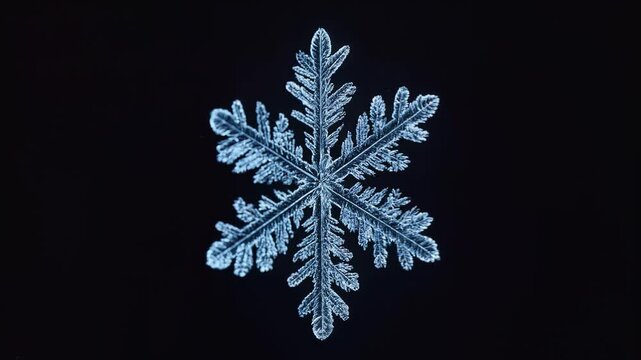 Elegant Crystal Snowflake: A mesmerizing macro shot of a single, perfectly formed snowflake against a dark backdrop, showcasing its intricate crystalline structure