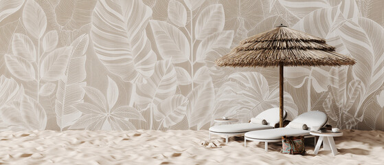 Two modern white deck chairs under the reed parasol on sand beach. Summer vacation concept design with tropical wallpaper and copy space. 3D Rendering, 3D Illustration © hd3dsh