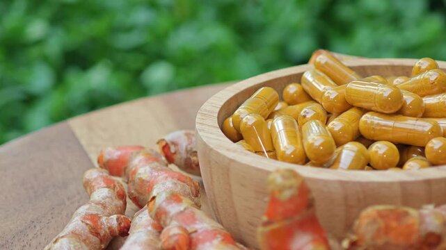 Turmeric curcumin capsules with rhizome (root).