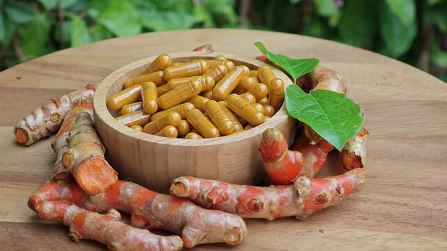Turmeric curcumin capsules with rhizome (root).
