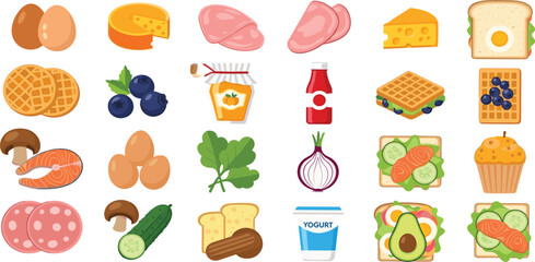 Protein Rich Foods Collection with Eggs, Meat, Fish, Dairy, Nuts, Sandwiches and Healthy Ingredients Vector Illustration Set