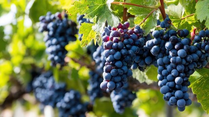 Fototapeta premium Deep Violet Grapes Clustering Together on the Vine in a Lush Vineyard Setting