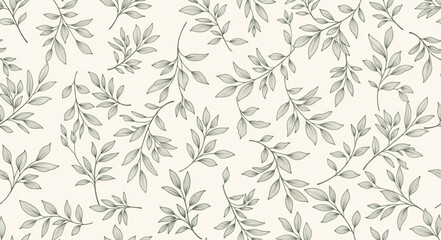 Delicate botanical pattern with grey leaves on a cream background. © Empik